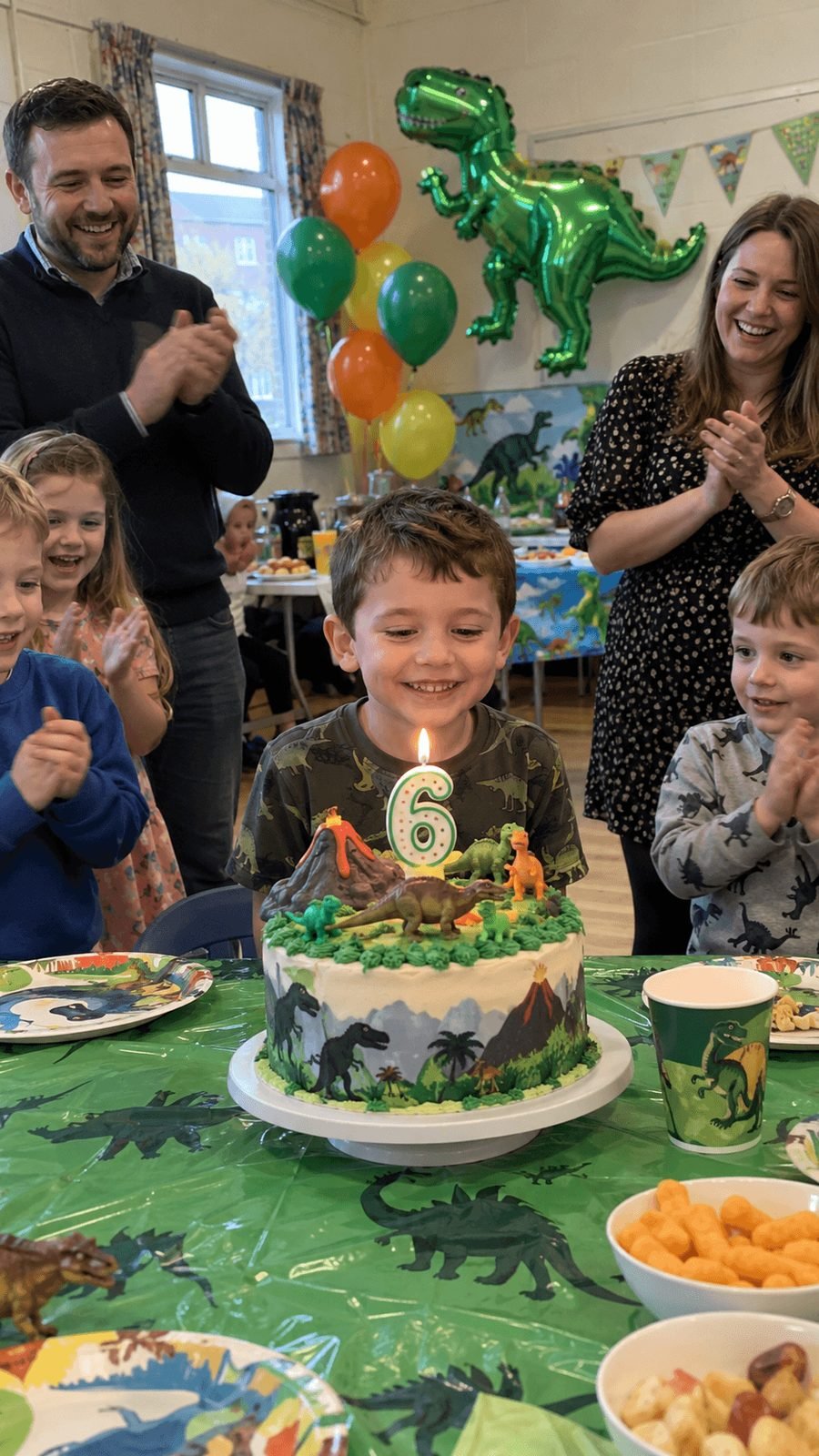 A boy smiling at his dinosaur birthday cake as everyone claps
